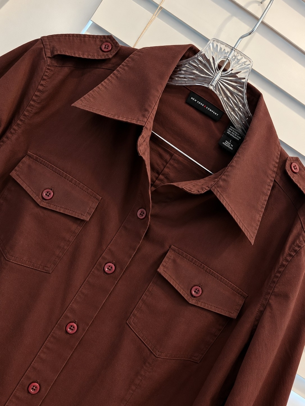 New York & Company Chocolate Brown Button-Front Tailored Shirt - Picture 3 of 6